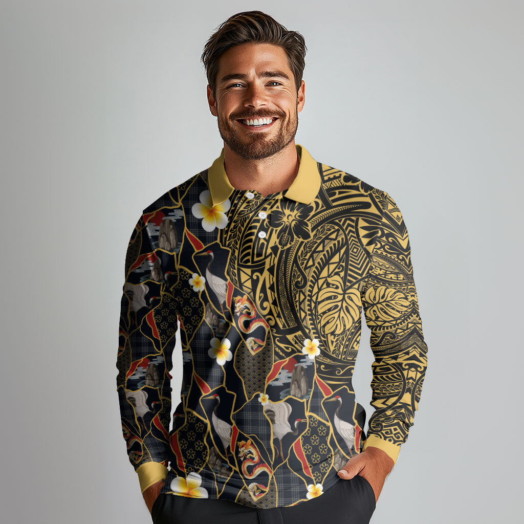Hawaiian and Japanese Long Sleeve Polo Shirt Polynesian Tattoo with Japanese Culture Kintsugi Style LT03 - Polynesian Pride