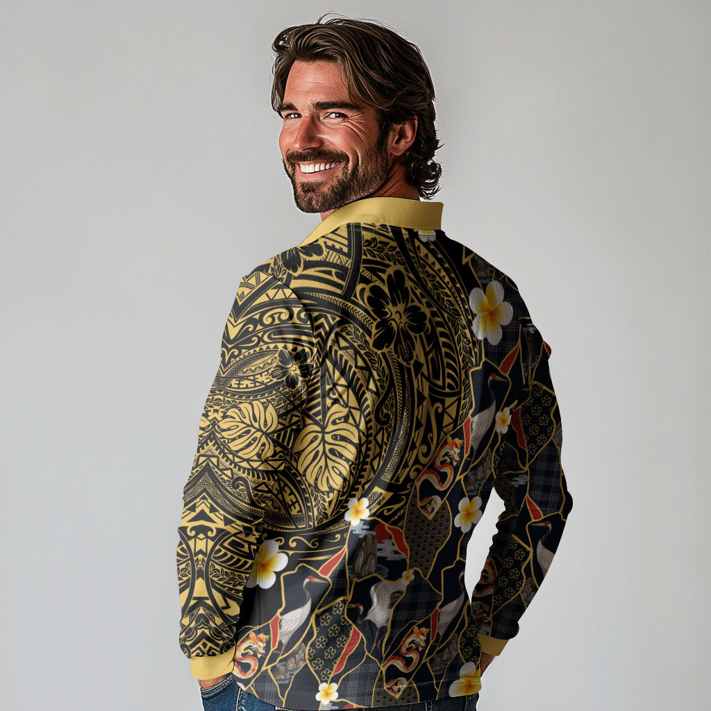 Hawaiian and Japanese Long Sleeve Polo Shirt Polynesian Tattoo with Japanese Culture Kintsugi Style LT03 - Polynesian Pride