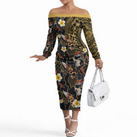 Hawaiian and Japanese Off The Shoulder Long Sleeve Dress Polynesian Tattoo with Japanese Culture Kintsugi Style LT03 Women Multicolor - Polynesian Pride