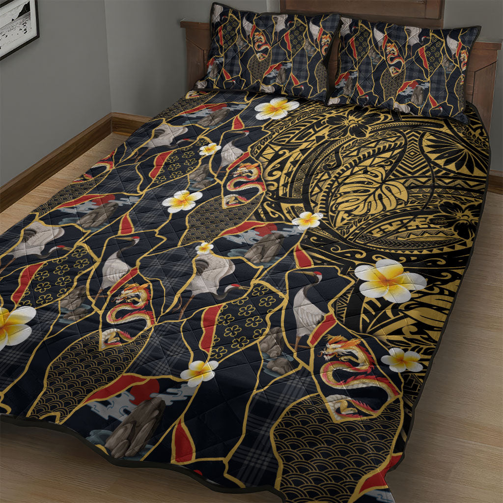 Hawaiian and Japanese Quilt Bed Set Polynesian Tattoo with Japanese Culture Kintsugi Style LT03 - Polynesian Pride