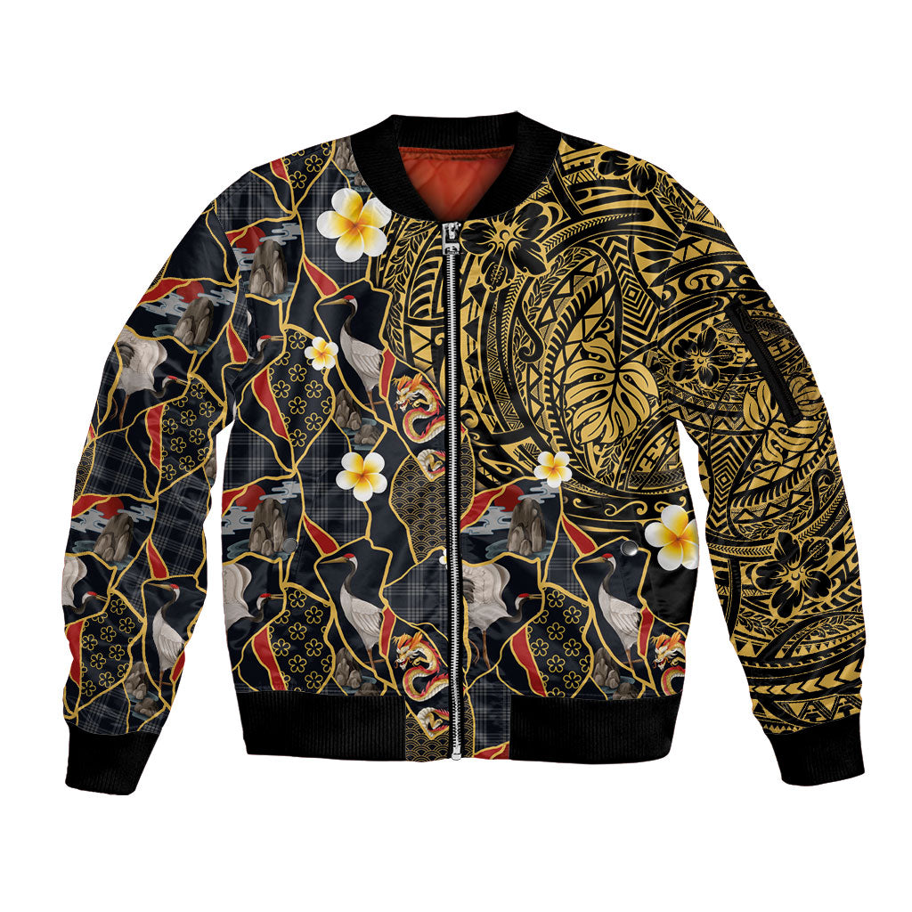 Hawaiian and Japanese Sleeve Zip Bomber Jacket Polynesian Tattoo with Japanese Culture Kintsugi Style LT03 Unisex Multicolor - Polynesian Pride