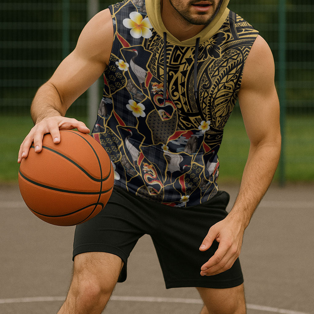 Hawaiian and Japanese Sleeveless Hoodie Polynesian Tattoo with Japanese Culture Kintsugi Style LT03 - Polynesian Pride