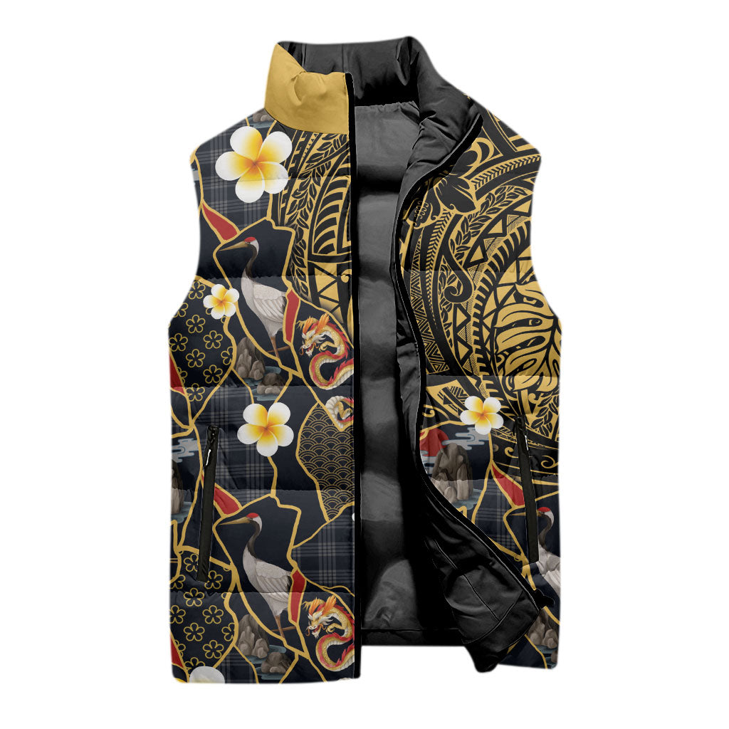 Hawaiian and Japanese Sleeveless Puffer Jacket Polynesian Tattoo with Japanese Culture Kintsugi Style LT03 - Polynesian Pride