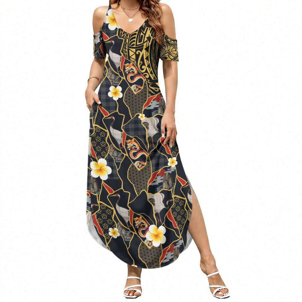 Hawaiian and Japanese Summer Maxi Dress Polynesian Tattoo with Japanese Culture Kintsugi Style LT03 Women Multicolor - Polynesian Pride