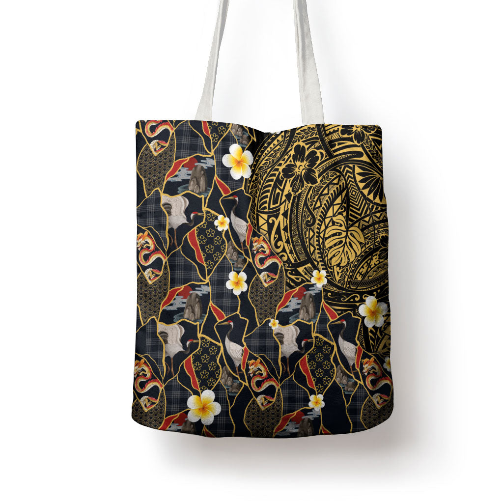 Hawaiian and Japanese Tote Bag Polynesian Tattoo with Japanese Culture Kintsugi Style LT03 - Polynesian Pride