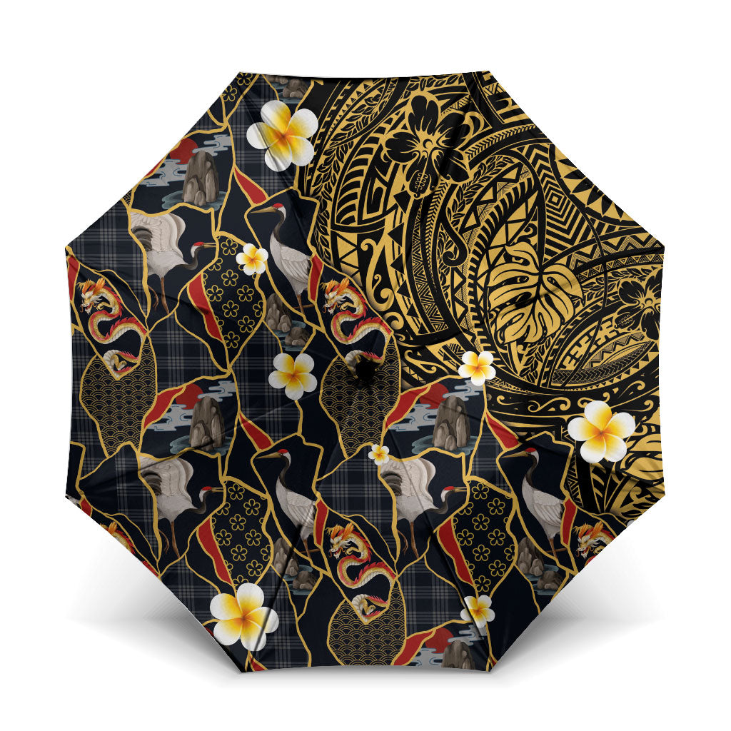 Hawaiian and Japanese Umbrella Polynesian Tattoo with Japanese Culture Kintsugi Style LT03 One Size Folded 11.42 inch Opened Diameter 37.4 inch Multicolor - Polynesian Pride