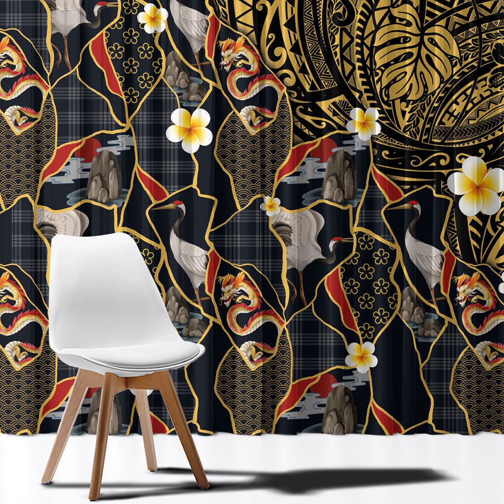 Hawaiian and Japanese Window Curtain Polynesian Tattoo with Japanese Culture Kintsugi Style LT03 - Polynesian Pride