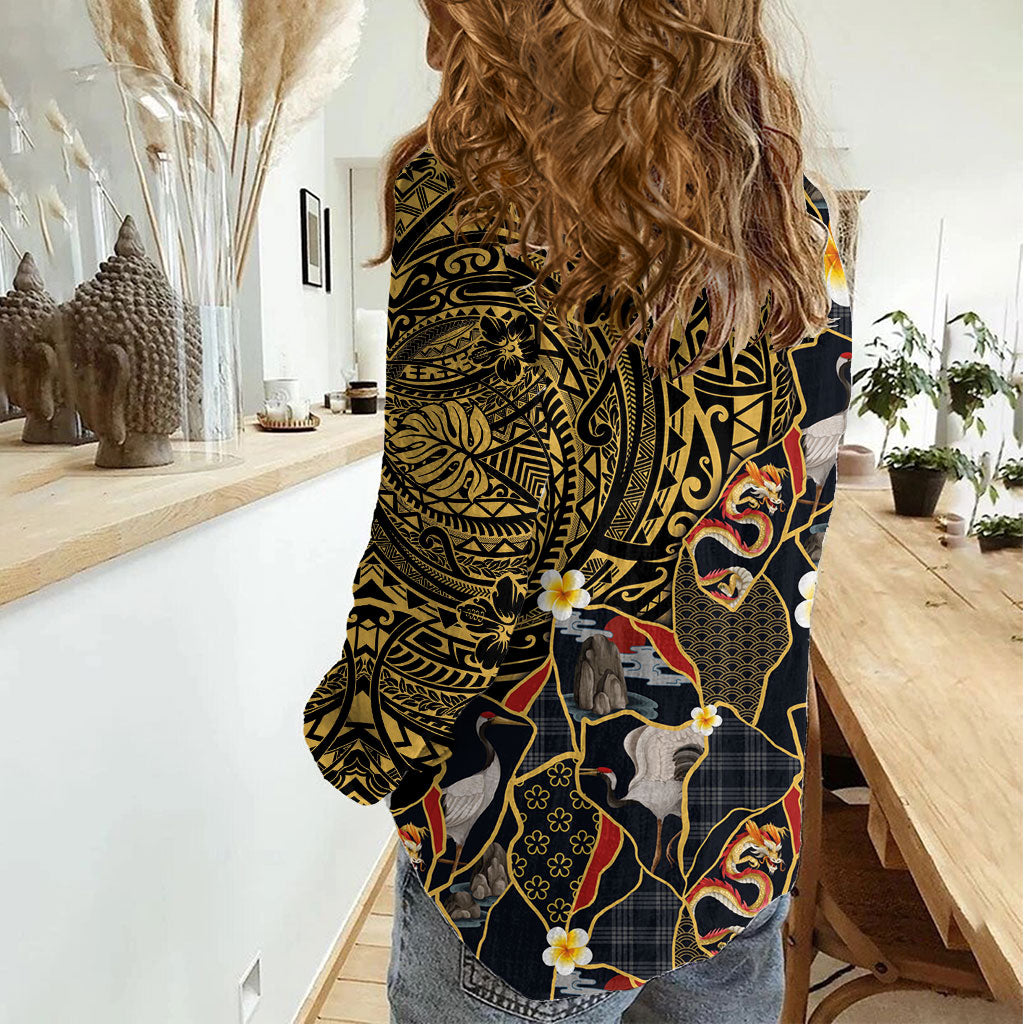 Hawaiian and Japanese Women Casual Shirt Polynesian Tattoo with Japanese Culture Kintsugi Style LT03 - Polynesian Pride