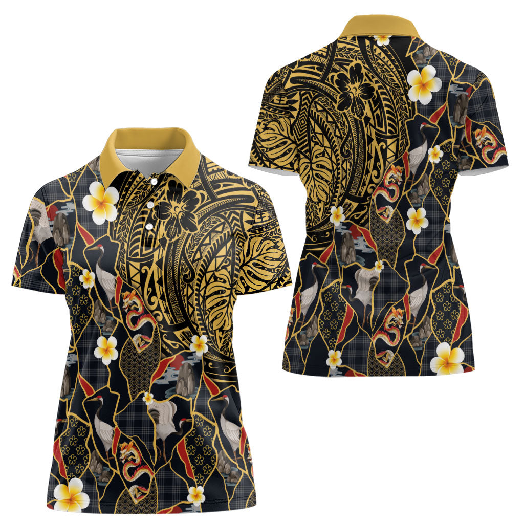 Hawaiian and Japanese Women Polo Shirt Polynesian Tattoo with Japanese Culture Kintsugi Style LT03 - Polynesian Pride