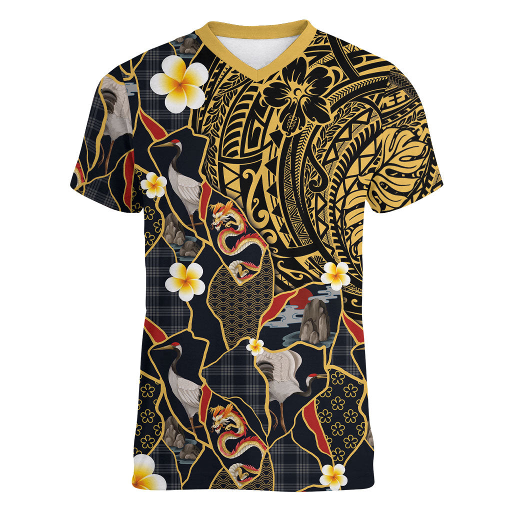 Hawaiian and Japanese Women V-Neck T-Shirt Polynesian Tattoo with Japanese Culture Kintsugi Style LT03 Female Multicolor - Polynesian Pride
