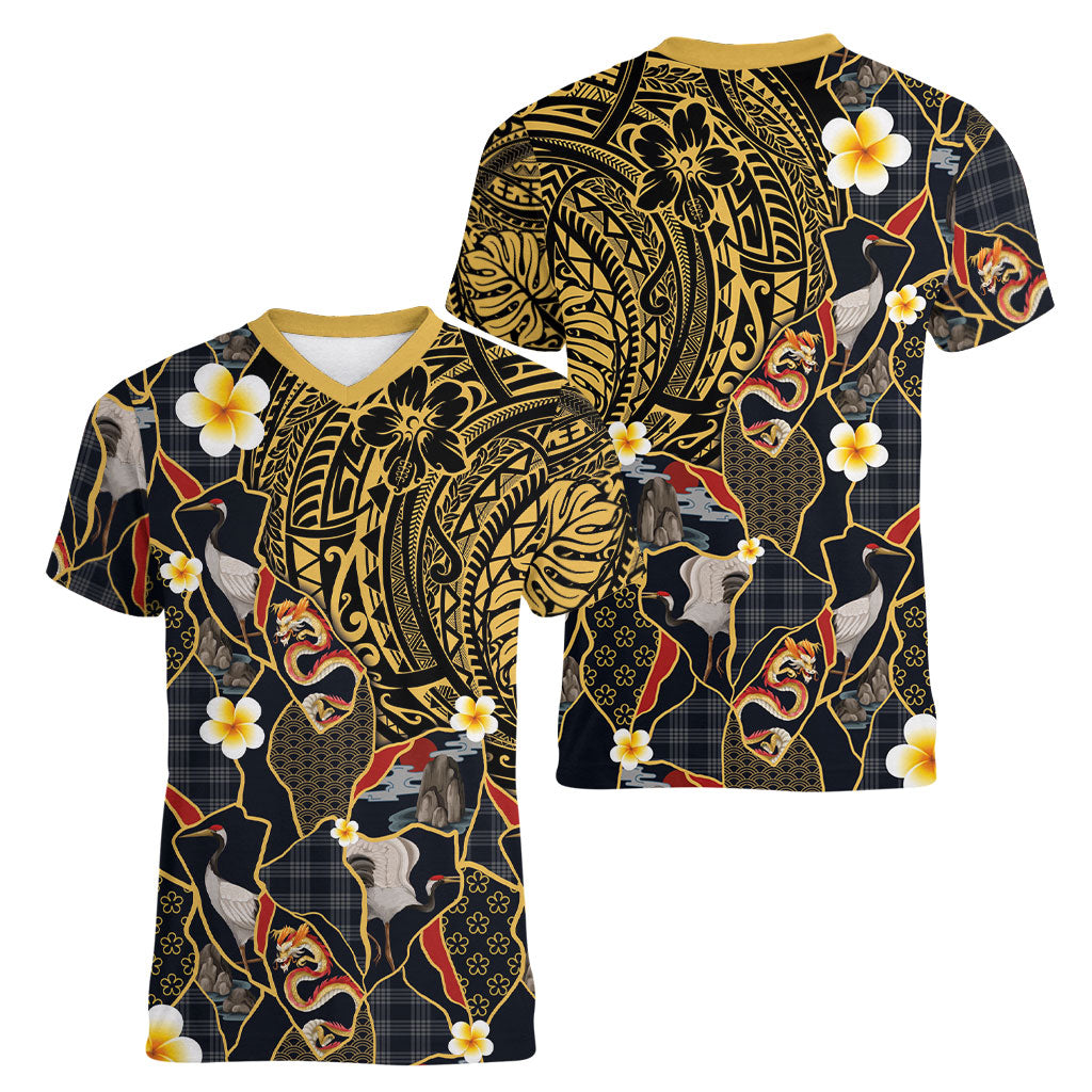 Hawaiian and Japanese Women V-Neck T-Shirt Polynesian Tattoo with Japanese Culture Kintsugi Style LT03 - Polynesian Pride