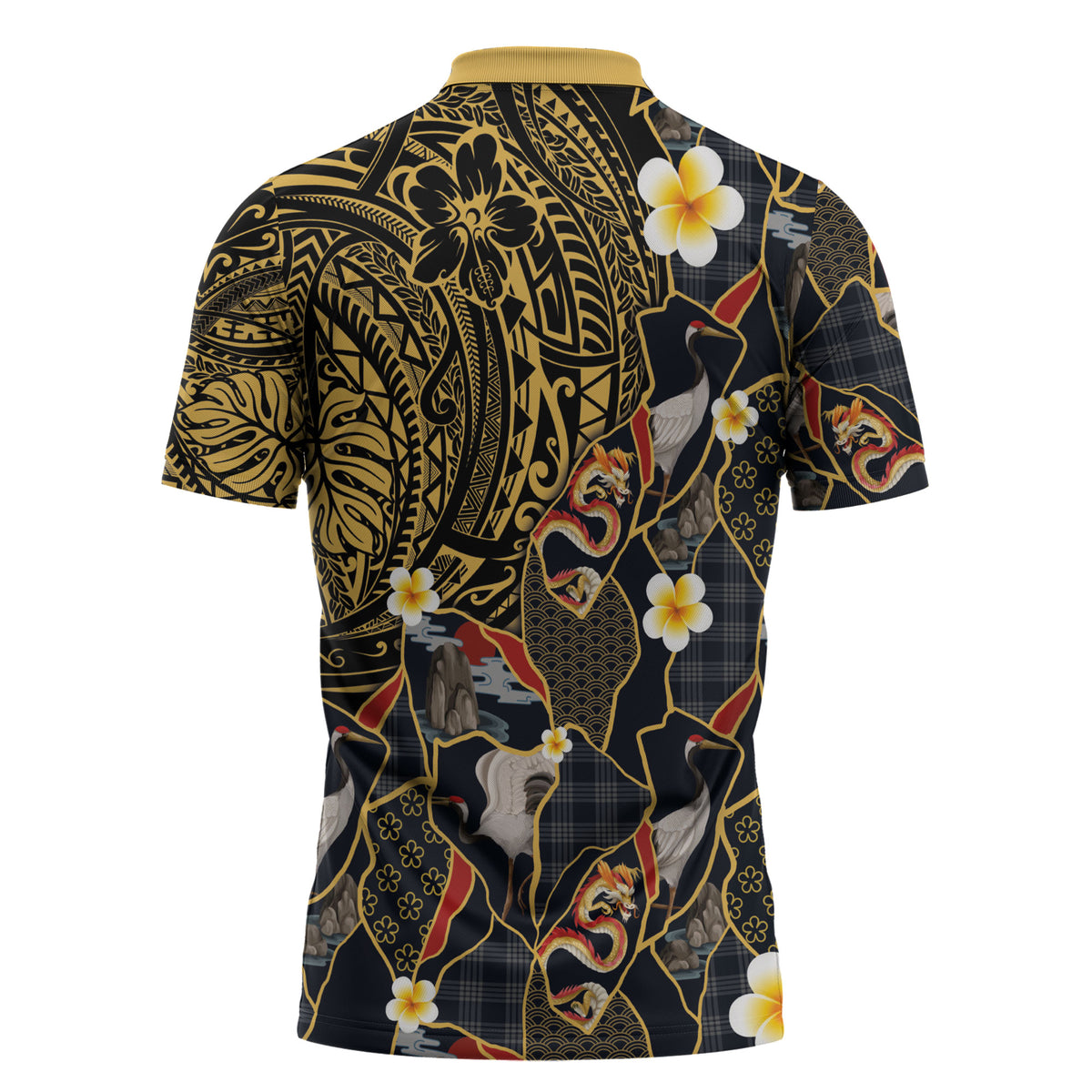 Hawaiian and Japanese Zipper Polo Shirt Polynesian Tattoo with Japanese Culture Kintsugi Style LT03 - Polynesian Pride