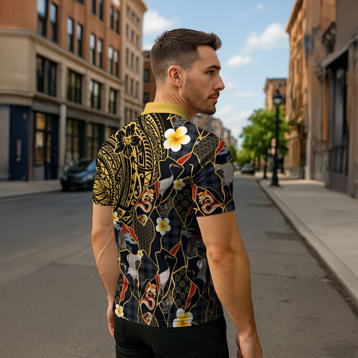 Hawaiian and Japanese Zipper Polo Shirt Polynesian Tattoo with Japanese Culture Kintsugi Style LT03 - Polynesian Pride
