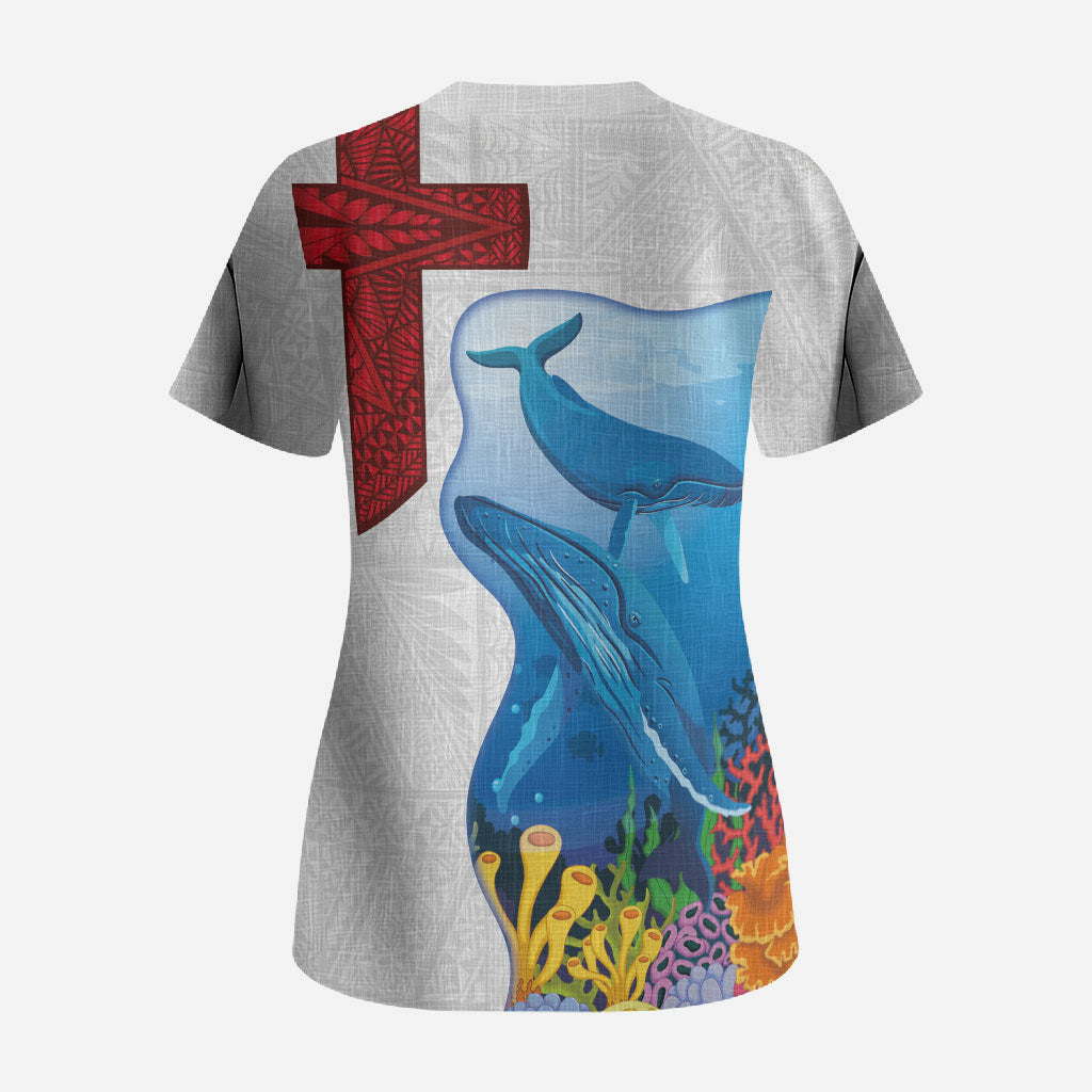 Tonga Swimming with Whales Scrub Top Ngatu Pattern LT03 - Polynesian Pride