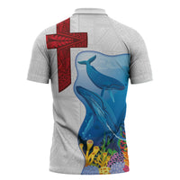 Tonga Swimming with Whales Zipper Polo Shirt Ngatu Pattern LT03 - Polynesian Pride