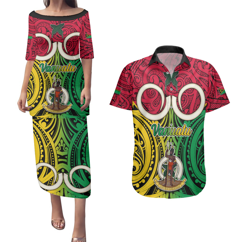 Vanuatu Couples Matching Puletasi Dress and Hawaiian Shirt Pig Tusk Mix Maori Pattern and Namele Leaf LT03 Red - Polynesian Pride