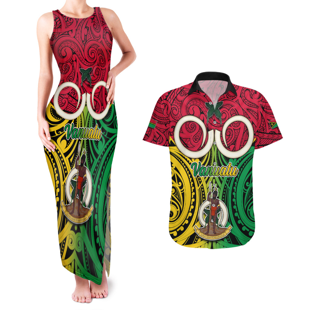 Vanuatu Couples Matching Tank Maxi Dress and Hawaiian Shirt Pig Tusk Mix Maori Pattern and Namele Leaf LT03 Red - Polynesian Pride