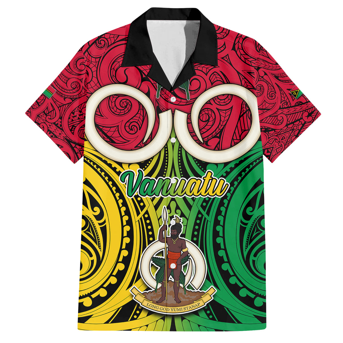 Vanuatu Family Matching Off Shoulder Maxi Dress and Hawaiian Shirt Pig Tusk Mix Maori Pattern and Namele Leaf LT03 Dad's Shirt - Short Sleeve Red - Polynesian Pride