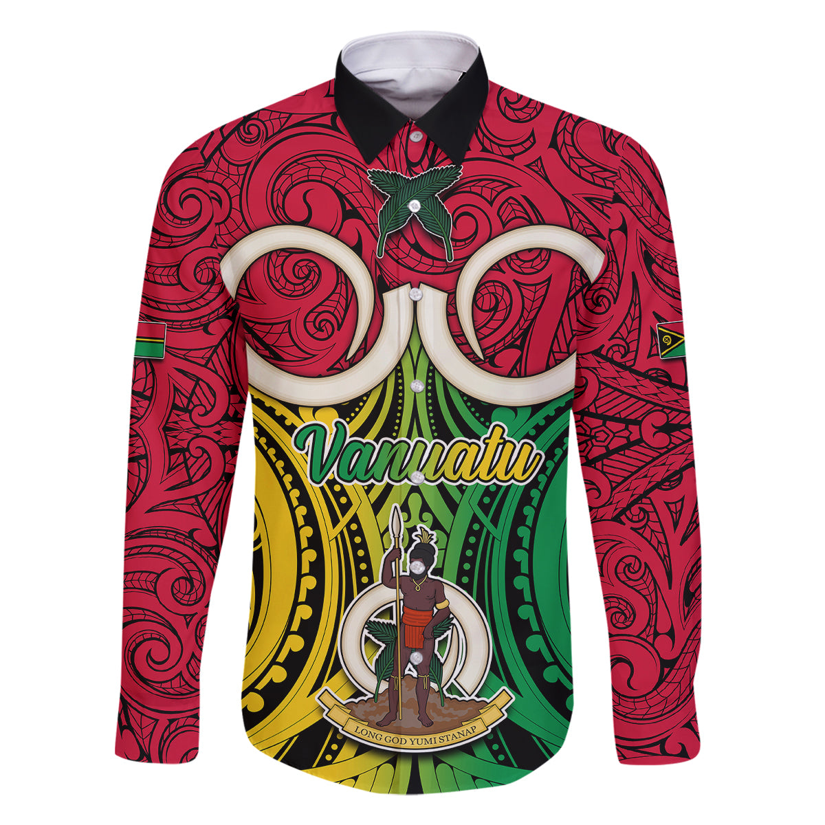 Vanuatu Family Matching Puletasi Dress and Hawaiian Shirt Pig Tusk Mix Maori Pattern and Namele Leaf LT03 Dad's Shirt - Long Sleeve Red - Polynesian Pride