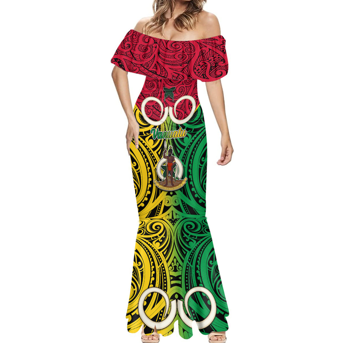 Vanuatu Mermaid Dress Pig Tusk Mix Maori Pattern and Namele Leaf LT03 - Polynesian Pride