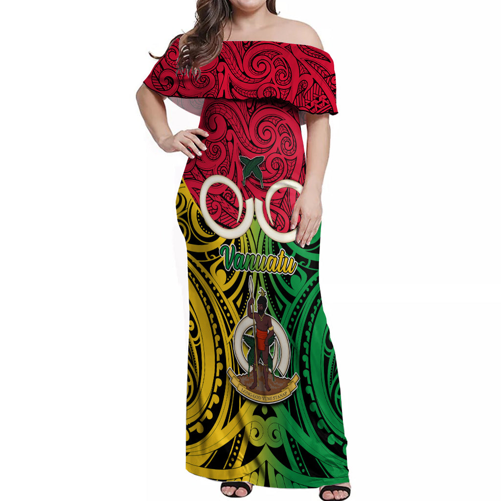 Vanuatu Off Shoulder Maxi Dress Pig Tusk Mix Maori Pattern and Namele Leaf LT03 Women Red - Polynesian Pride