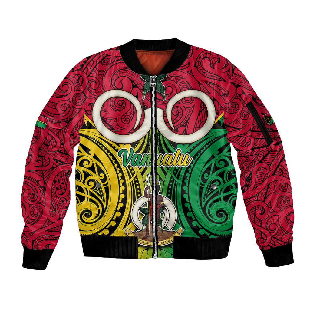 Vanuatu Sleeve Zip Bomber Jacket Pig Tusk Mix Maori Pattern and Namele Leaf LT03 Unisex Red - Polynesian Pride