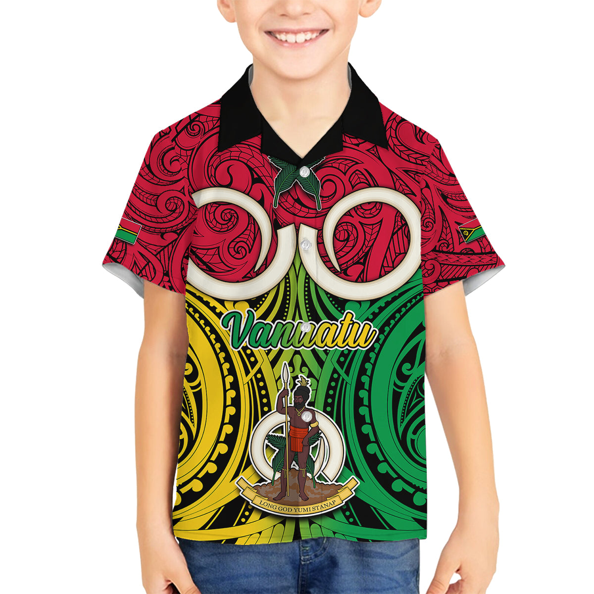 Personalised Vanuatu Family Matching Mermaid Dress and Hawaiian Shirt Pig Tusk Mix Maori Pattern and Namele Leaf LT03 Son's Shirt Red - Polynesian Pride