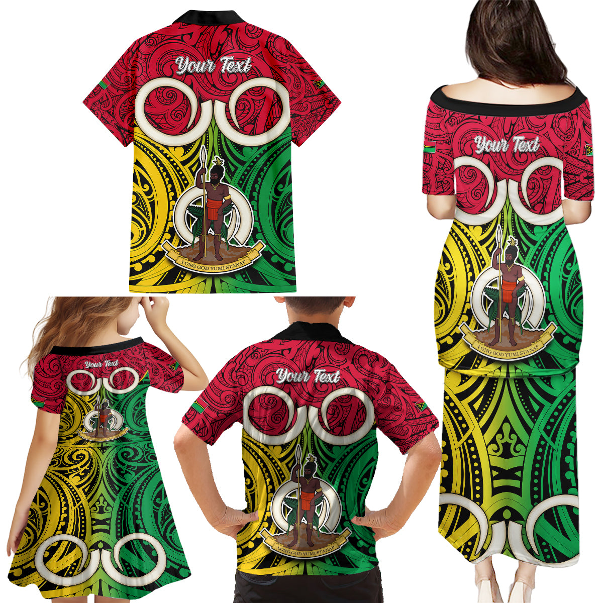 Personalised Vanuatu Family Matching Puletasi Dress and Hawaiian Shirt Pig Tusk Mix Maori Pattern and Namele Leaf LT03 - Polynesian Pride