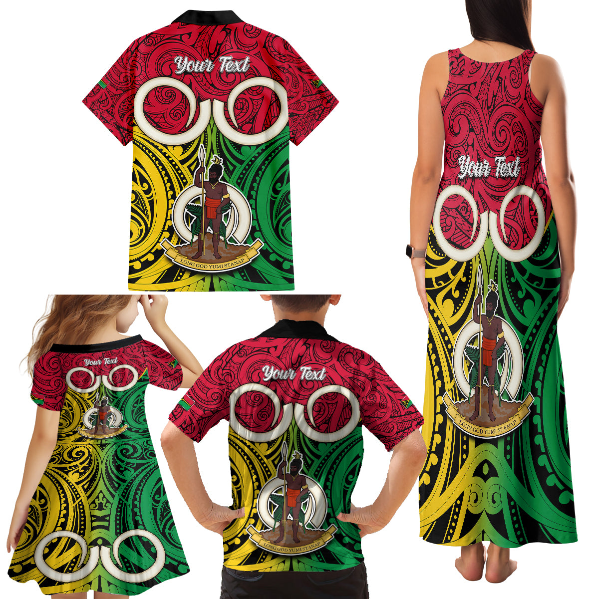 Personalised Vanuatu Family Matching Tank Maxi Dress and Hawaiian Shirt Pig Tusk Mix Maori Pattern and Namele Leaf LT03 - Polynesian Pride