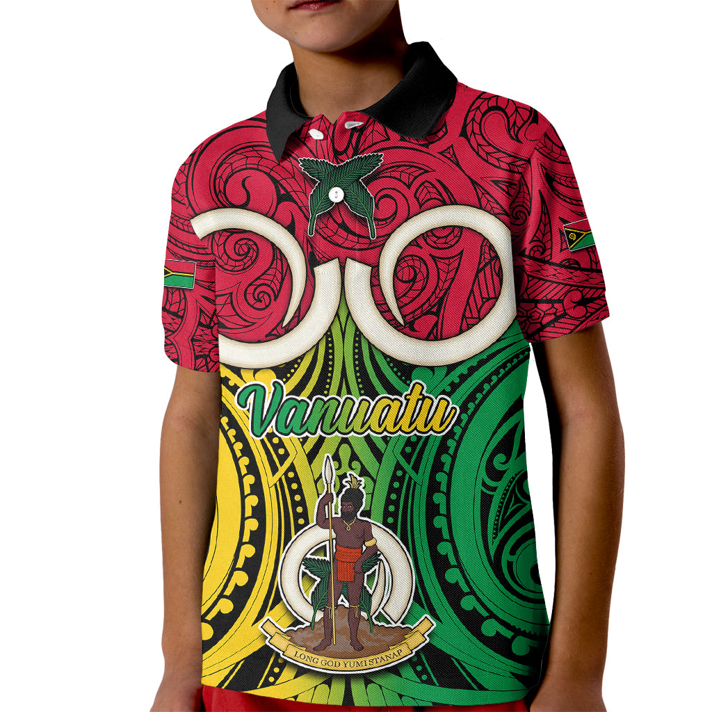 Personalised Vanuatu Kid Polo Shirt Pig Tusk Mix Maori Pattern and Namele Leaf LT03 Kid Red - Polynesian Pride