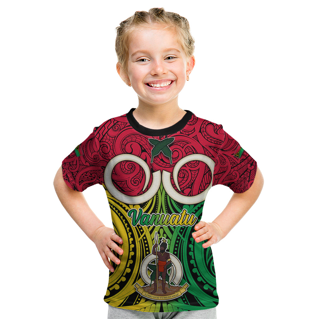 Personalised Vanuatu Kid T Shirt Pig Tusk Mix Maori Pattern and Namele Leaf LT03 Red - Polynesian Pride
