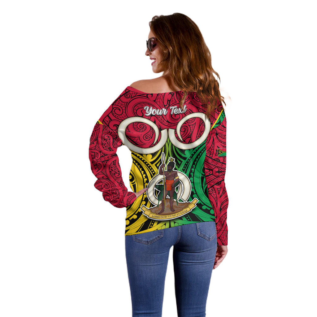 Personalised Vanuatu Off Shoulder Sweater Pig Tusk Mix Maori Pattern and Namele Leaf LT03 - Polynesian Pride