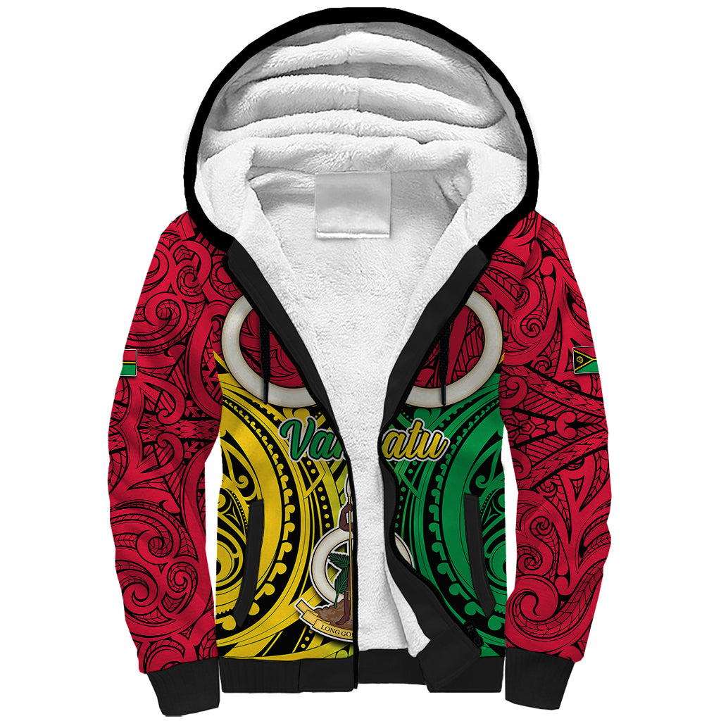Personalised Vanuatu Sherpa Hoodie Pig Tusk Mix Maori Pattern and Namele Leaf LT03 Unisex Red - Polynesian Pride