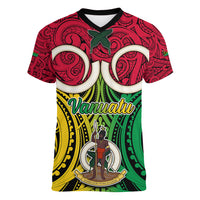 Personalised Vanuatu Women V Neck T Shirt Pig Tusk Mix Maori Pattern and Namele Leaf LT03 Female Red - Polynesian Pride