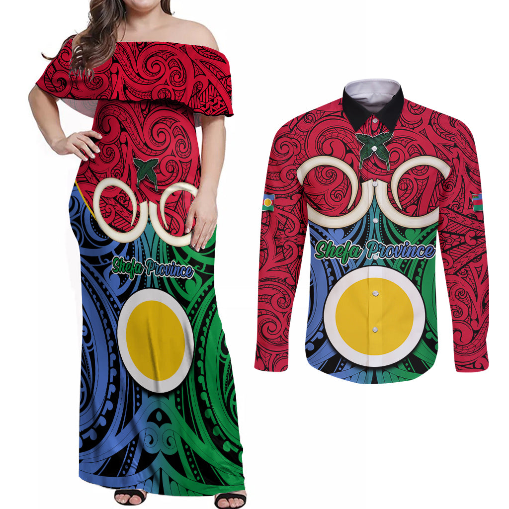 Vanuatu Shefa Province Couples Matching Off Shoulder Maxi Dress and Long Sleeve Button Shirts Pig Tusk Mix Maori Pattern and Namele Leaf LT03 Red - Polynesian Pride