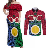 Vanuatu Shefa Province Couples Matching Off Shoulder Maxi Dress and Long Sleeve Button Shirts Pig Tusk Mix Maori Pattern and Namele Leaf LT03 Red - Polynesian Pride