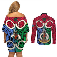 Vanuatu Shefa Province Couples Matching Off Shoulder Short Dress and Long Sleeve Button Shirts Pig Tusk Mix Maori Pattern and Namele Leaf LT03 - Polynesian Pride