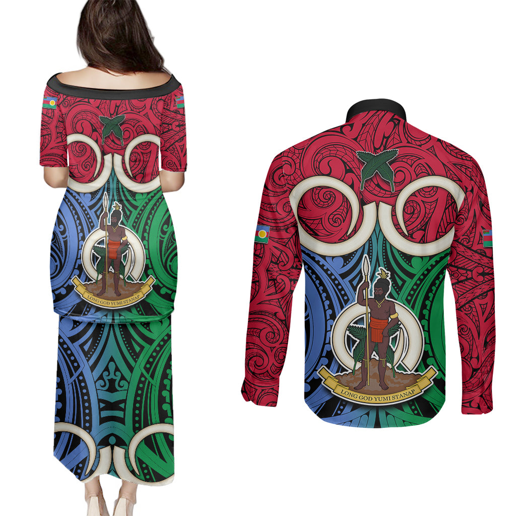 Vanuatu Shefa Province Couples Matching Puletasi Dress and Long Sleeve Button Shirts Pig Tusk Mix Maori Pattern and Namele Leaf LT03 - Polynesian Pride