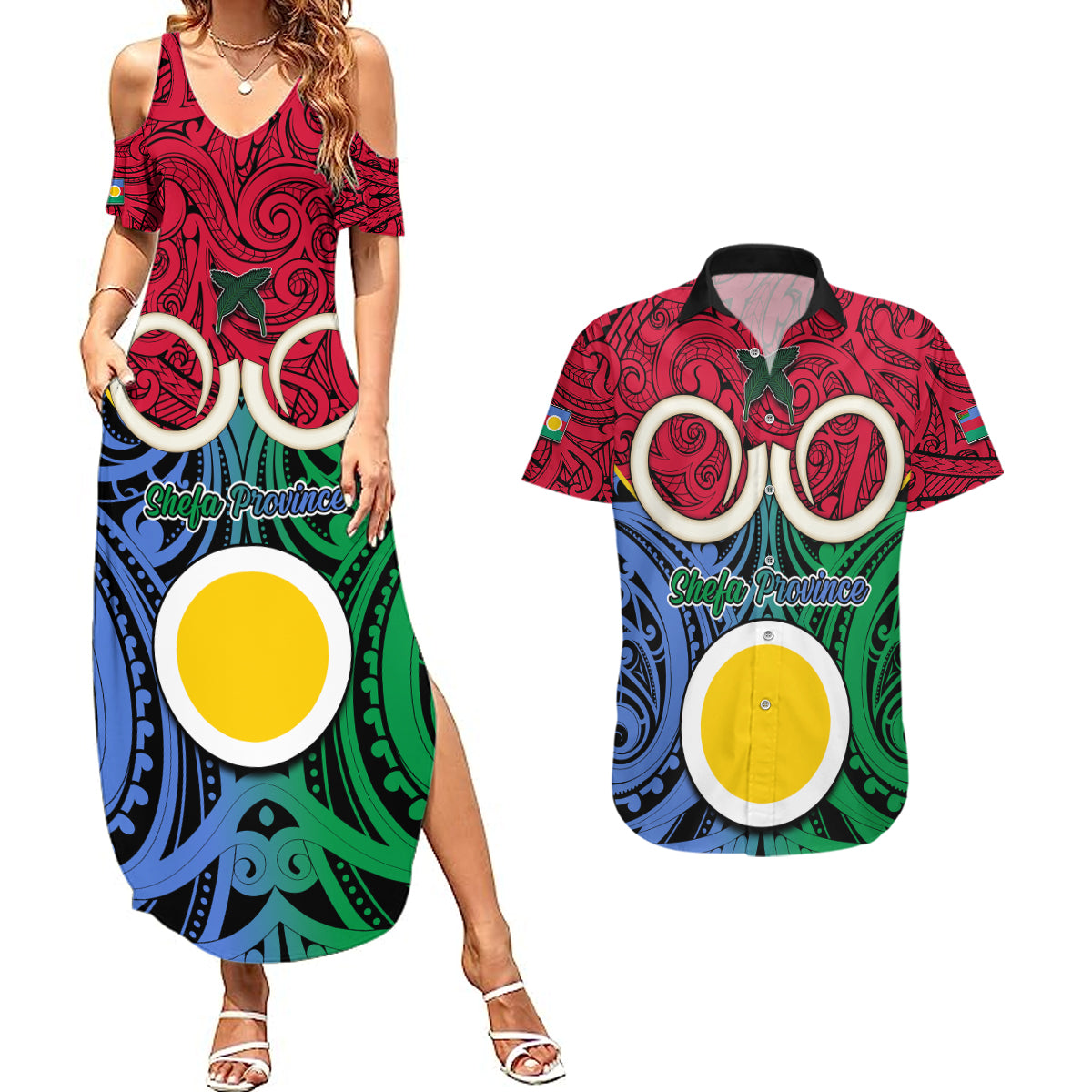 Vanuatu Shefa Province Couples Matching Summer Maxi Dress and Hawaiian Shirt Pig Tusk Mix Maori Pattern and Namele Leaf LT03 Red - Polynesian Pride