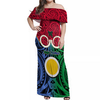 Vanuatu Shefa Province Off Shoulder Maxi Dress Pig Tusk Mix Maori Pattern and Namele Leaf LT03 Women Red - Polynesian Pride