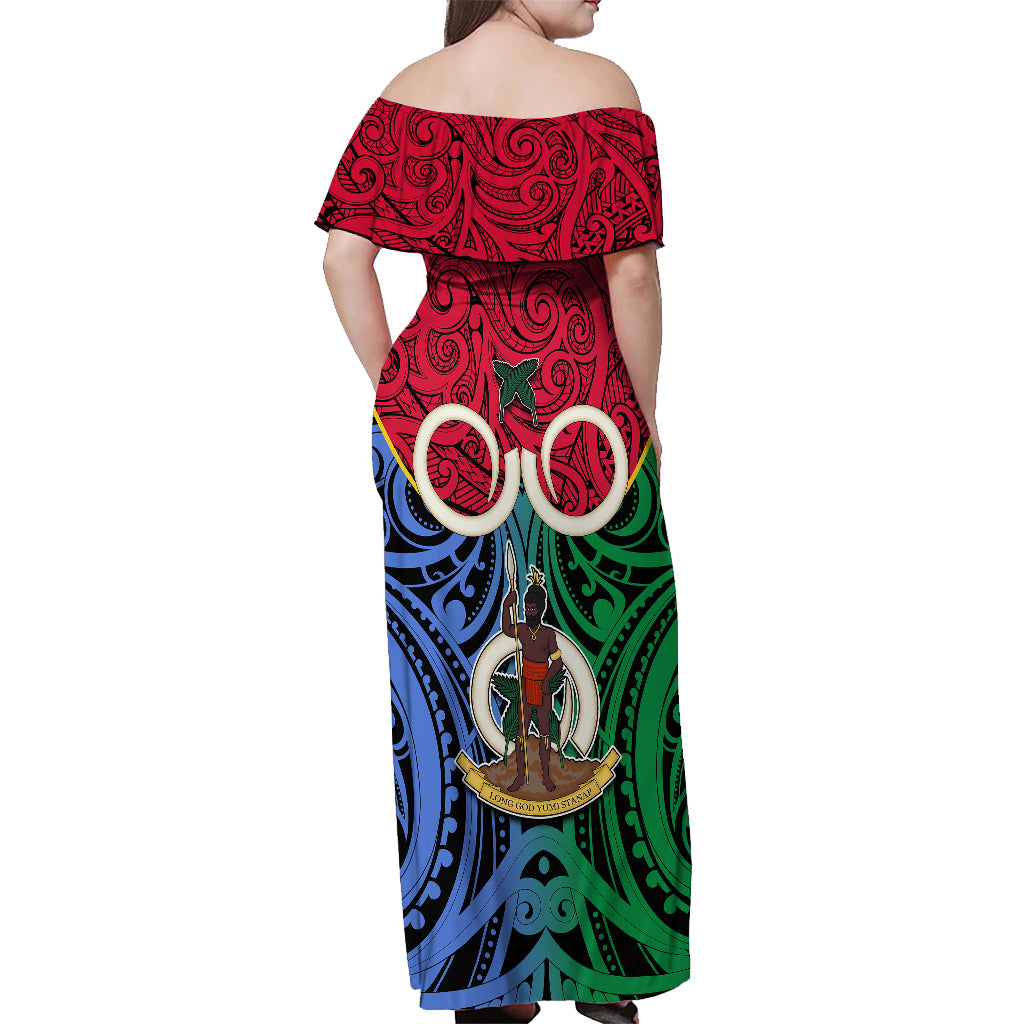 Vanuatu Shefa Province Off Shoulder Maxi Dress Pig Tusk Mix Maori Pattern and Namele Leaf LT03 - Polynesian Pride