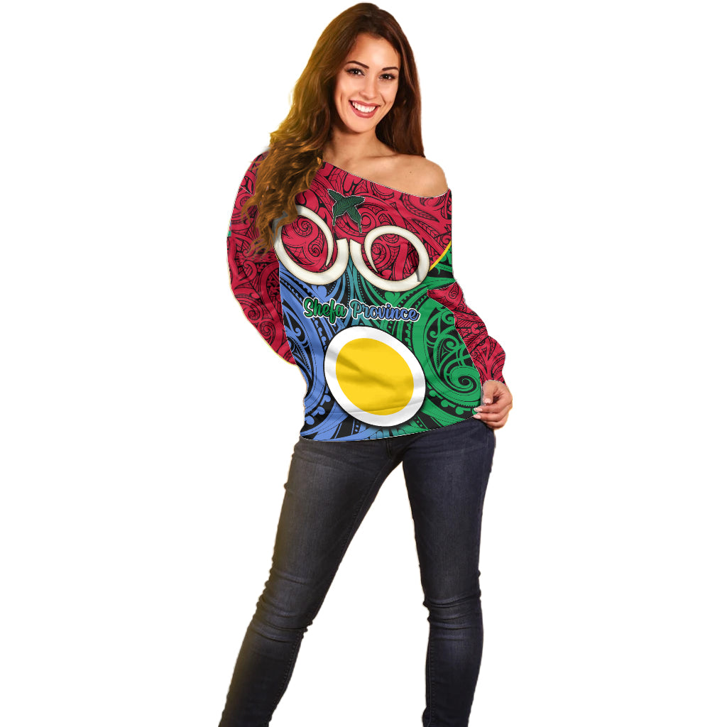 Vanuatu Shefa Province Off Shoulder Sweater Pig Tusk Mix Maori Pattern and Namele Leaf LT03 - Polynesian Pride