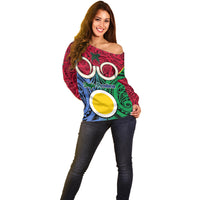 Vanuatu Shefa Province Off Shoulder Sweater Pig Tusk Mix Maori Pattern and Namele Leaf LT03 - Polynesian Pride