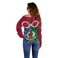 Vanuatu Shefa Province Off Shoulder Sweater Pig Tusk Mix Maori Pattern and Namele Leaf LT03 - Polynesian Pride