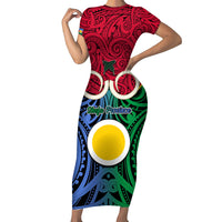 Vanuatu Shefa Province Short Sleeve Bodycon Dress Pig Tusk Mix Maori Pattern and Namele Leaf LT03 Long Dress Red - Polynesian Pride