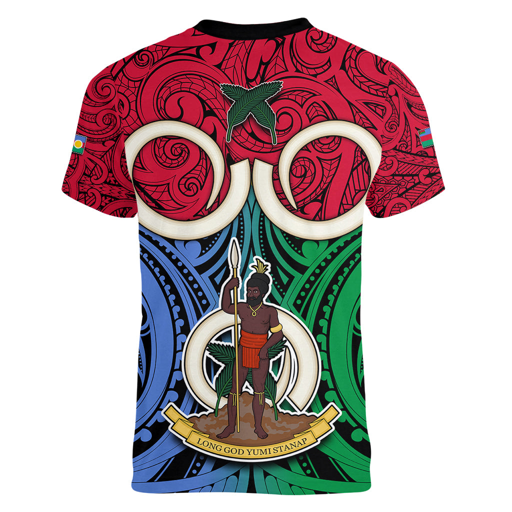 Vanuatu Shefa Province Women V Neck T Shirt Pig Tusk Mix Maori Pattern and Namele Leaf LT03 - Polynesian Pride