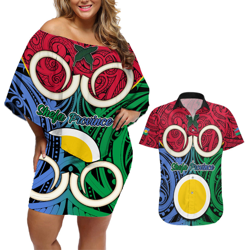 Personalised Vanuatu Shefa Province Couples Matching Off Shoulder Short Dress and Hawaiian Shirt Pig Tusk Mix Maori Pattern and Namele Leaf LT03 Red - Polynesian Pride