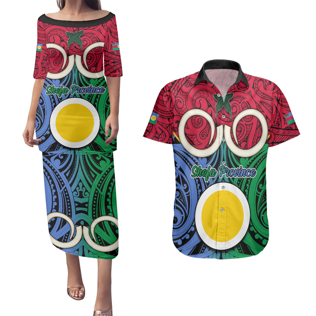 Personalised Vanuatu Shefa Province Couples Matching Puletasi Dress and Hawaiian Shirt Pig Tusk Mix Maori Pattern and Namele Leaf LT03 Red - Polynesian Pride