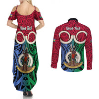Personalised Vanuatu Shefa Province Couples Matching Summer Maxi Dress and Long Sleeve Button Shirts Pig Tusk Mix Maori Pattern and Namele Leaf LT03 - Polynesian Pride
