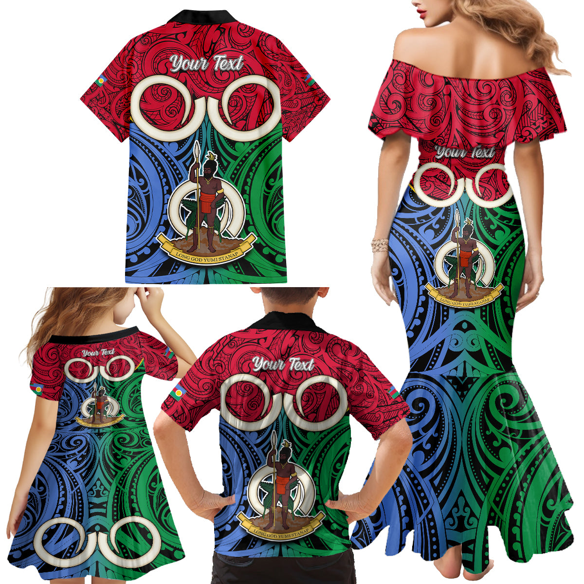 Personalised Vanuatu Shefa Province Family Matching Mermaid Dress and Hawaiian Shirt Pig Tusk Mix Maori Pattern and Namele Leaf LT03 - Polynesian Pride